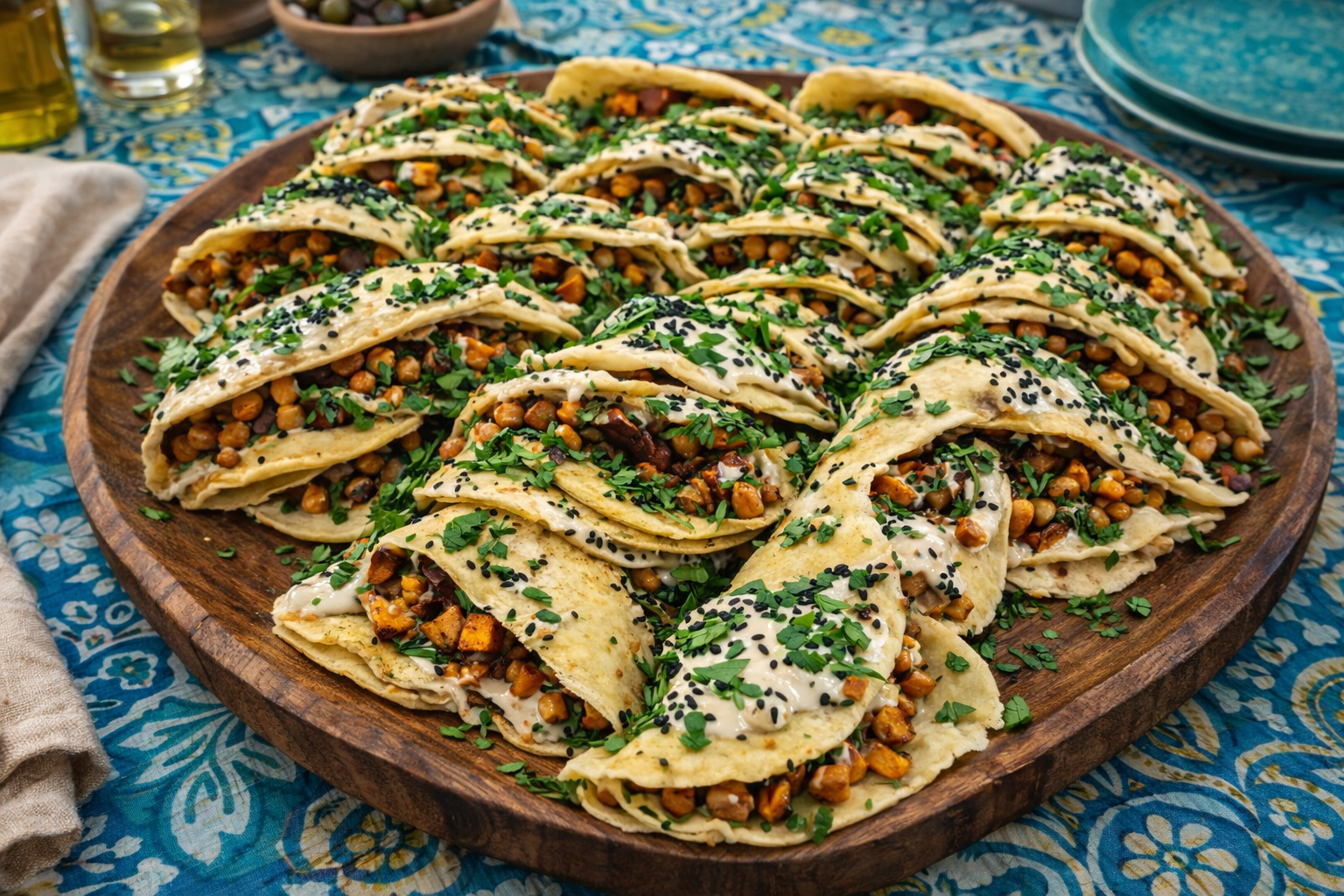 Roasted vegetable crepes with cumin tahini sauce and sesame.