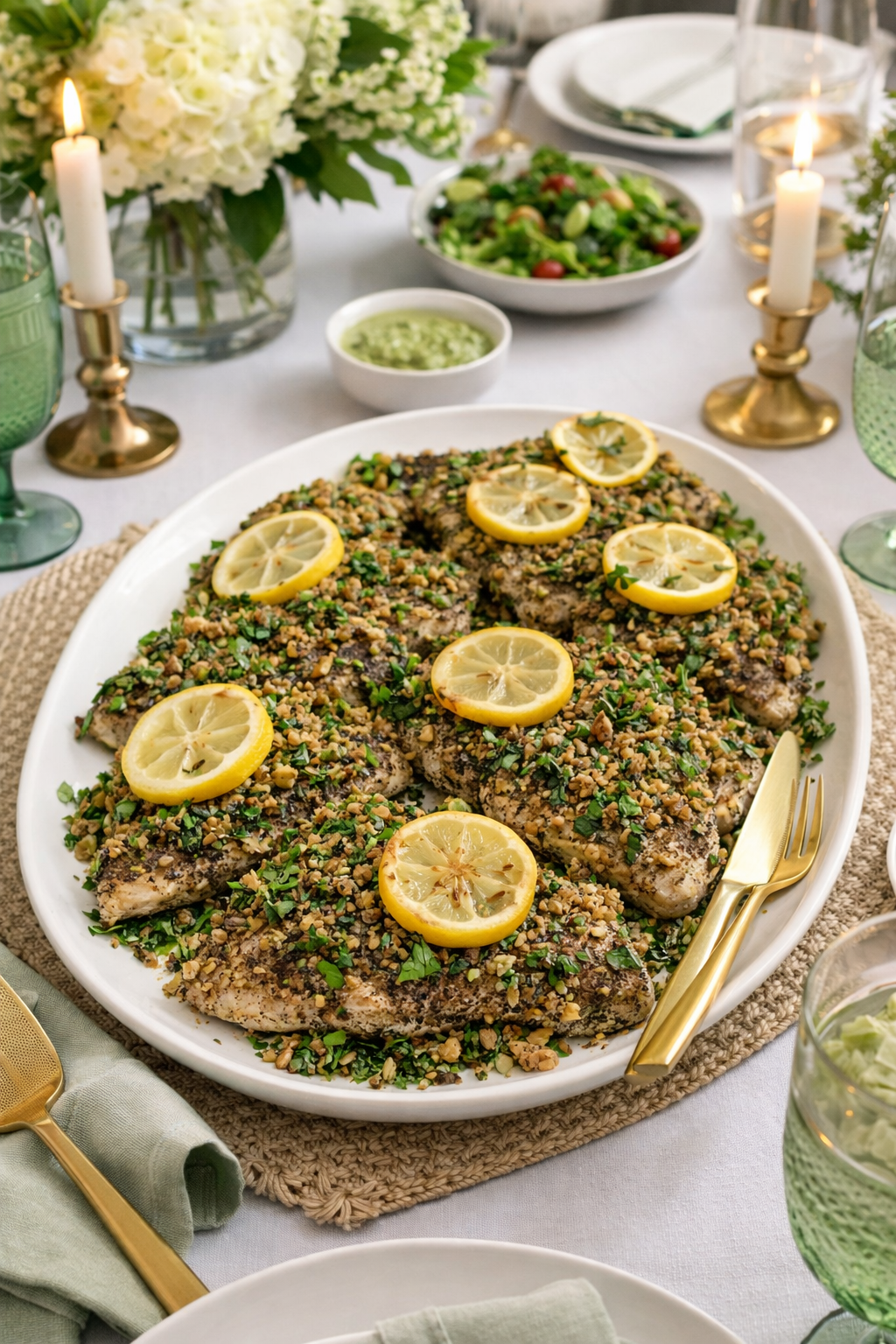 Zaatar crusted catfish with walnut gremolata.